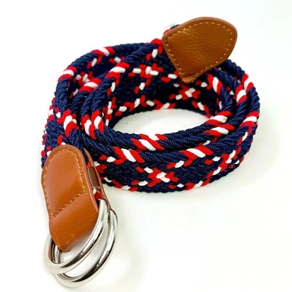 Dibi Red Blue White Woven Leather Tip D Buckle Stretch Nautical Coastal Belt